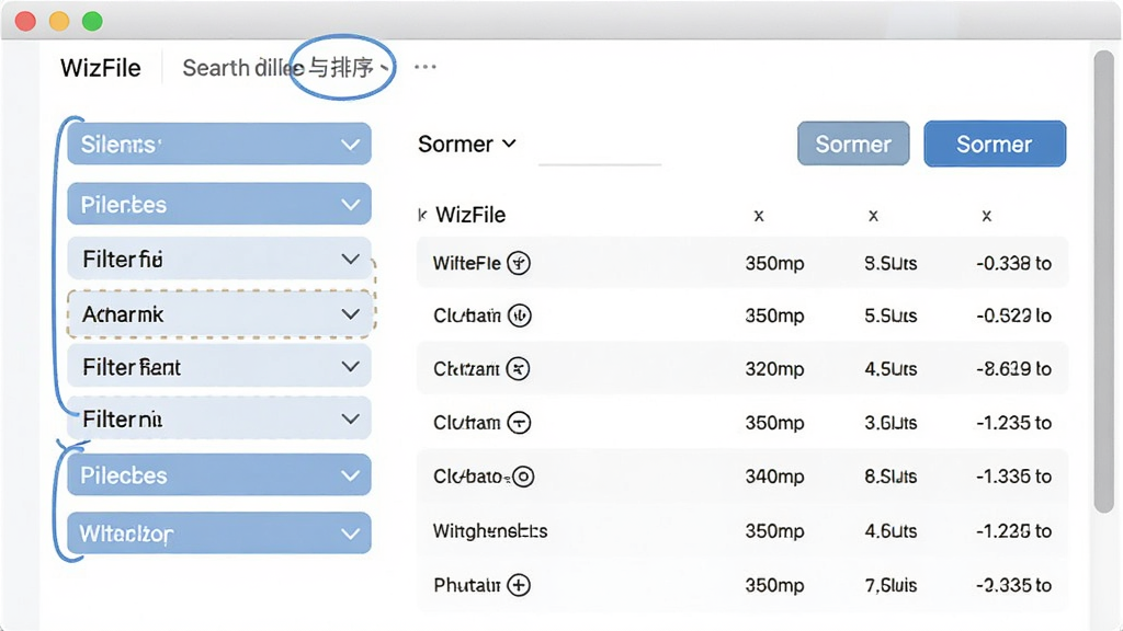 WizFile �������������������ܽ��棬չʾ���ɸѡ���������˵�������ť������Ϊ��ɫ�������ˬ��ϸ��ͻ������ѡ�������б��������������޶���Ԫ��