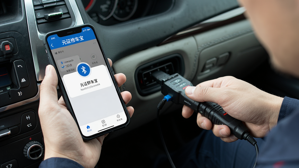 һ��չʾά�޼�ʦ�ڳ���ʹ���ֻ�����OBD��ͷ�Ĳ���ʾ��ͼ�������Ǽ�ʦ�ֳ��ֻ����š�Ԫ���޳�����APP���棬��һֻ�����Ų��ڳ���OBD�ӿ��ϵ���Ͻ�ͷ������Ϊ��һ�˳��ӽǣ����Ϊ��ʵ�������Ӱ��ϸ�ڰ����ֻ���Ļ�ϵ��������ӳɹ���ʾ����������ϸ�ڣ������������ɾ����޶���Ԫ��