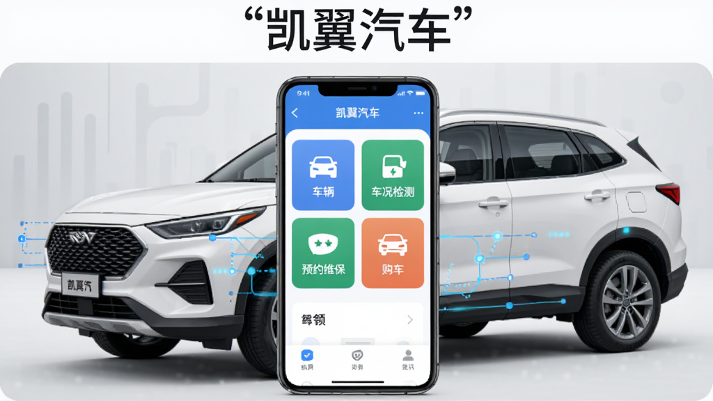 �����������һ�������ֻ����ֻ���Ļ��ʾ��������App��ҳ���棬�����ڰ����������ơ�������⡢ԤԼά����������Ѷ��ͼ��ģ�飬�ֻ���Χ����һ����ɫ����SUV��������ɫ������������������Ϊǳ��ɫ�Ƽ��н��䣬������ñ�ƽ��UI��Ʒ��ϸ�����������ʸɾ����޶���Ԫ�أ�ͼƬ�Ϸ������ű�ע����