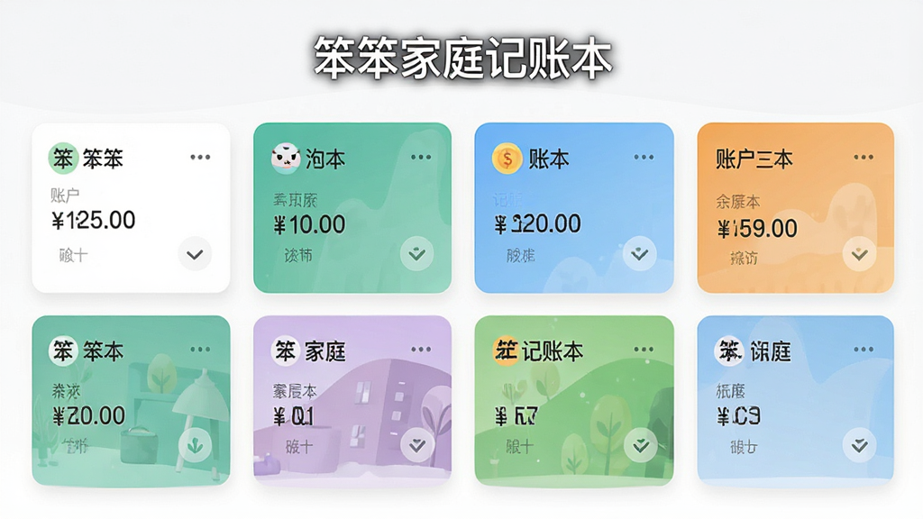 笨笨家庭记账本多账户管理界面,画面展示多个账户卡片排列,每张卡片标注账户名称和余额,顶部有“笨笨家庭记账本”标题,布局整齐,风格现代扁平化,画质清晰,无多余元素