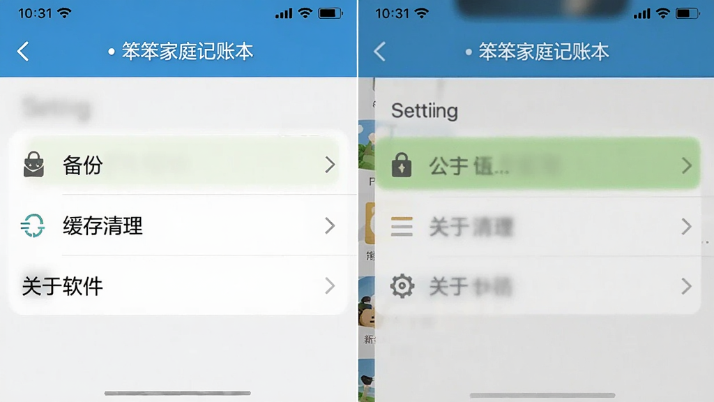 笨笨家庭记账本设置界面截图,画面展示备份选项、缓存清理、关于软件等菜单项,背景为手机设置页面风格,画质清晰,无多余元素