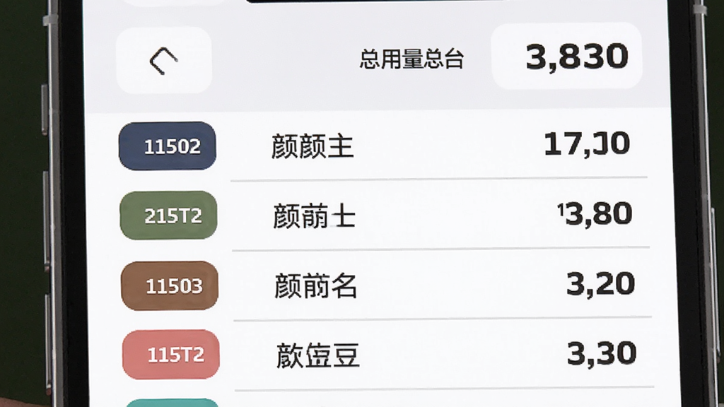 ƴ����������ͳ���嵥���棬����չʾһ�����������ɫ��ɫ�飬�м�����ɫ���ƣ��Ҳ����������������������������ܣ��������ֻ���Ļ��д������Ϊ�б�ʽ�����Ϊ���ݿ��ӻ���ƽ�磬ϸ�ڰ������ּӴ֡�ɫ��Բ�ǡ��ָ��ߣ������������ɾ����޶���Ԫ��