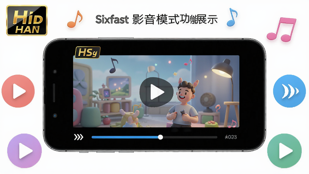 Sixfast Ӱ��ģʽ����չʾ������Ϊ�ֻ�������Ƶ���棬����Ϊ��Ƶ������У��Ű���Χ�������ַ����벥�Ű�ť������������֣�ϸ�ڰ������廭�ʱ�ʶ������ͼ�ꡢ�������������������ɾ����޶���Ԫ��