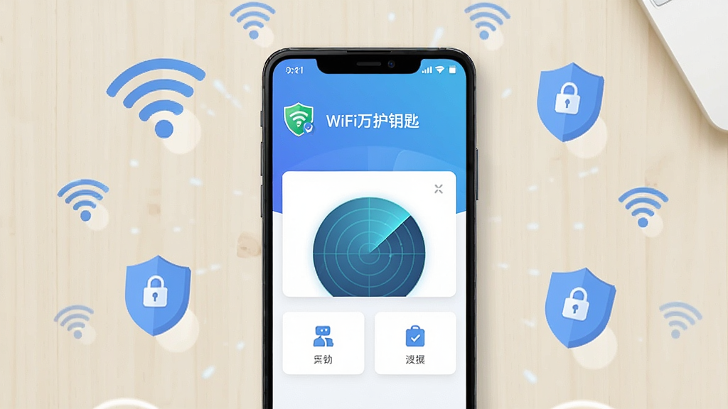 ����Ϊһ����׿�ֻ���Ļ��ʾWiFi��Կ��Ӧ�ý��棬����Ϊ�ֻ����з�����ǳɫ���棬��Χ����WiFi�ź�ͼ������ư�ȫ��ʶ���Ű�Ϊ���½ṹ�Ϸ�Ӧ�������·����ܰ�ť�����Ϊ�Ƽ���Լ��ƽ����ϸ�ڰ�����ɫ���䱳������ɫ��Ƭʽ������ڡ��״�ɨ�趯��Ч�������ʸ���ɾ��޶���Ԫ�أ�����������Ϊ��WiFi��Կ�ס�