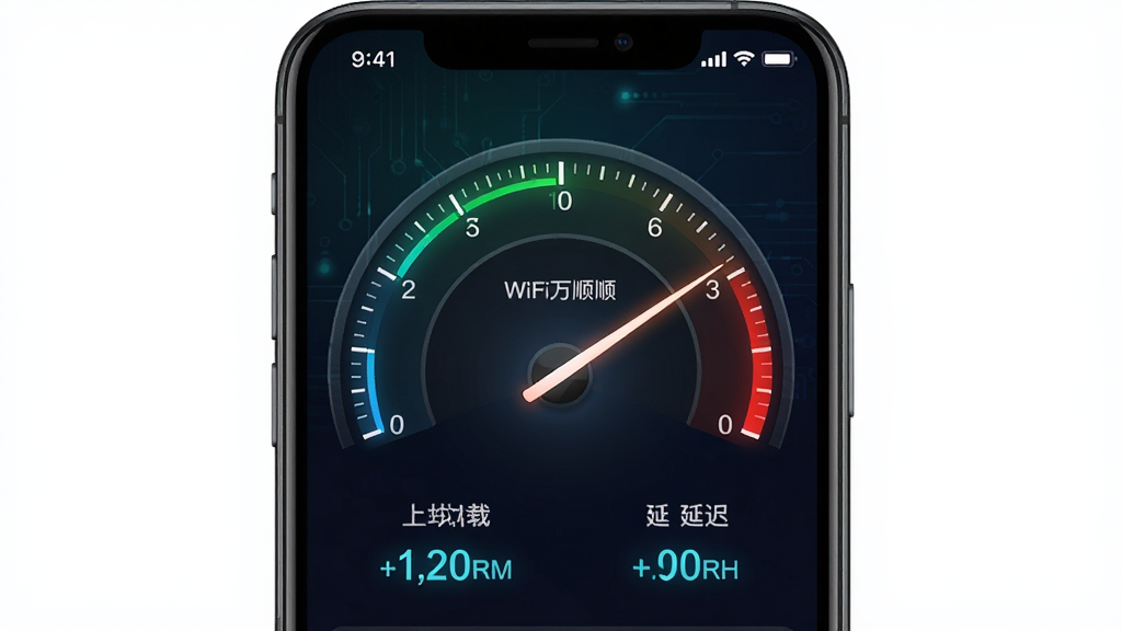 һ��չʾWiFi��˳Կ��������ٽ�����ֻ���ͼ���ͼ������Ϊ�ֻ���Ļ����Ļ����һ����Բ�ε��ٶ��Ǳ��̣�ָ��ָ����������·���ʾ���ء��ϴ����ӳٵ����֡�����Ϊ�ֻ����У�����Ϊ��ɫ�Ƽ��н��䡣�Ű��࣬���Ϊ�ִ�UI��Ʒ磬ϸ�ڰ����Ǳ��̵Ŀ̶��ߺ����ַ���Ч�������ʸ��壬�ɾ����޶���Ԫ�ء�