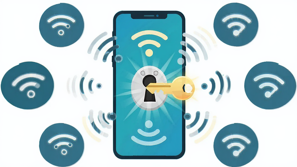 һ�ű���WiFi��˳Կ��һ�����ӹ��ܵĲ廭��������һ�������ֻ�����Ļ������һ�������Կ��ͼ��������һ�����ף�������Χ�����Ŷ��WiFi�ź�ͼ�ꡣ����Ϊ�ֻ����У������д�����ͬ�ȵ��Բ��ͼ��������䡣�Ű���÷���״��ͼ�����Ϊ��ƽ��ʸ���廭�磬ϸ�ڰ���Կ���ϵĹ�Ч���ź�ͼ���ǿ���仯�������������ɾ����޶���Ԫ�ء�