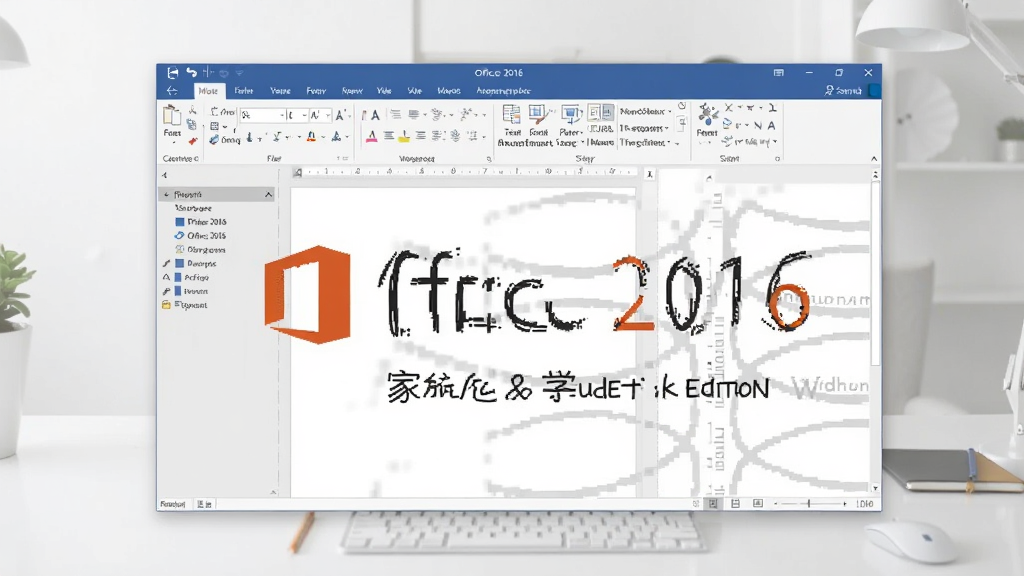 一张展示Office 2016 家庭和学生版软件界面的预览图,画面中央是打开的Word文档编辑窗口,左侧显示导航栏,右侧是文档内容区域,背景是简洁的办公桌面环境,整体风格干净明亮,画质清晰,无多余元素。