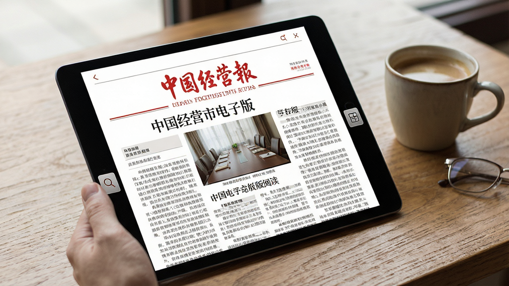 中国经营报电子版阅读界面生图,画面展示平板电脑上显示的报纸版面,版面上有清晰的标题和文章分栏,旁边有缩放和翻页按钮。背景是木质桌面和一杯咖啡,营造舒适的阅读氛围。风格写实,画质细腻,干净无多余元素。