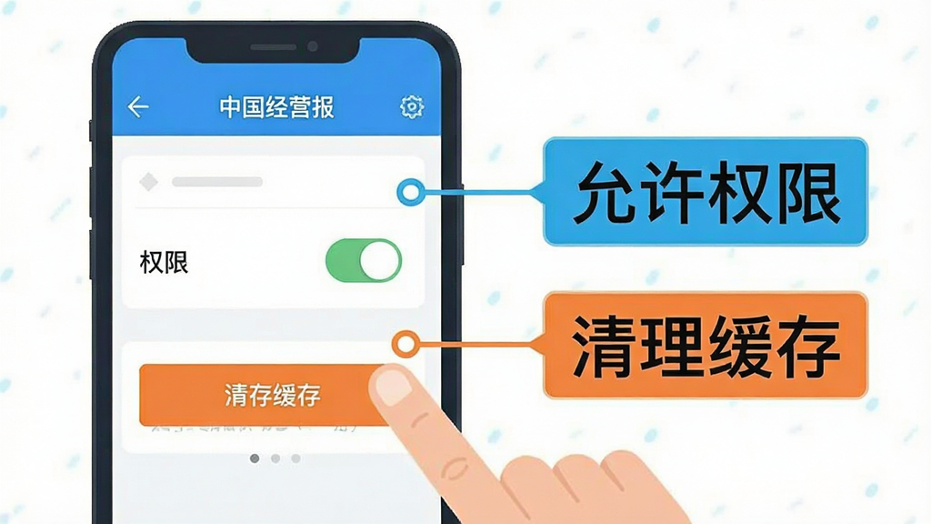 中国经营报使用教程示意图,画面中一部手机展示设置界面,手指指向权限开关和缓存清理按钮,旁边有文字标注“允许权限”“清理缓存”。风格扁平化,色彩鲜明,画质清晰,布局简洁,无多余元素。