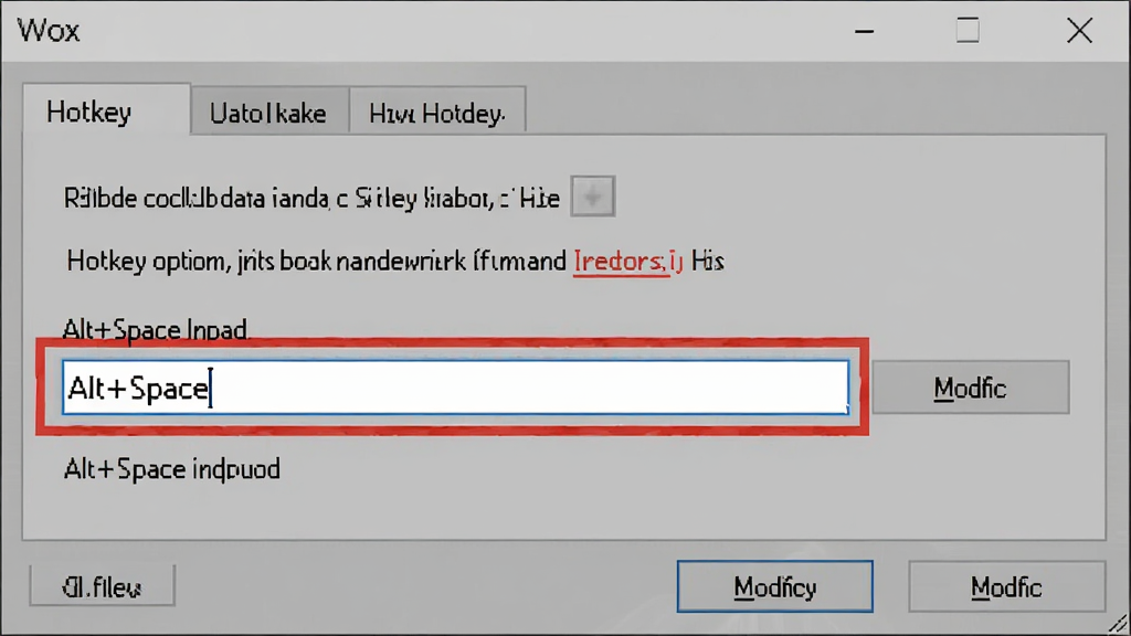 Wox ���ý������ȼ��޸�ѡ��Ľ�ͼ�����������ô��ڵ� Hotkey ѡ���ͻ����ʾ Alt+Space ������Ա����޸İ�ť������Ϊ���� Windows ���������ϸ�ڰ������������ֱ�ǩ������򣬻��ʸ��壬����ɾ��޶���Ԫ��