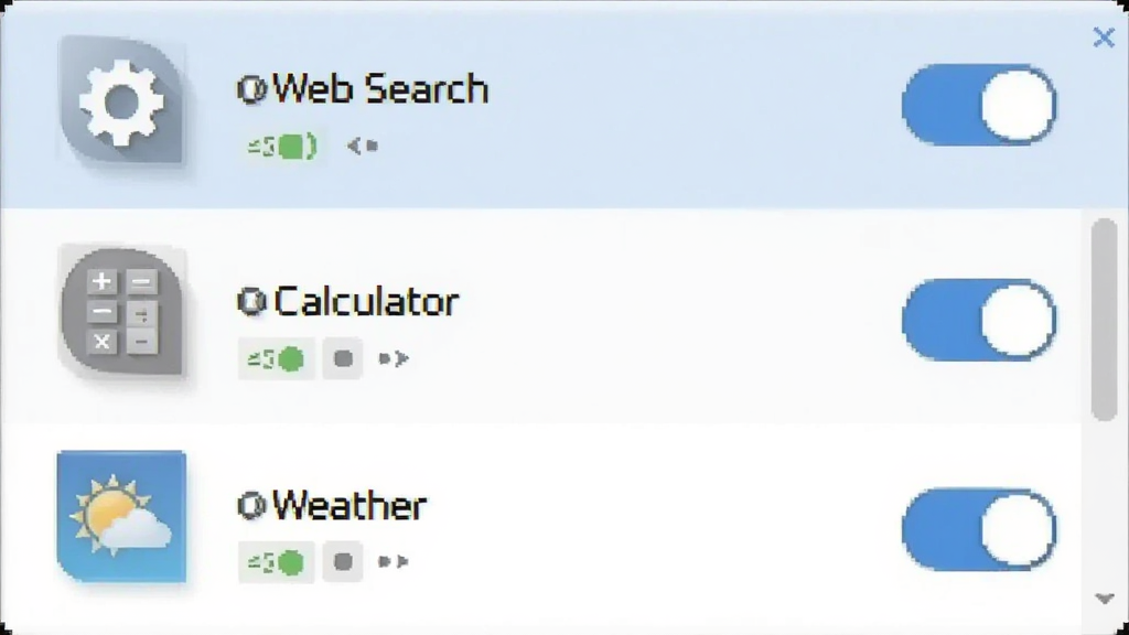 Wox ������������ͼ��������һ���������е��б����ڣ��б���չʾ�� 'Web Search'��'Calculator'��'Weather' �Ȳ�������뿪�ذ�ť���������������Ϊǳɫ��Լ����磬ϸ�ڰ�������ͼ���״ָ̬ʾ�����ʸ��壬����ɾ��޶���Ԫ��