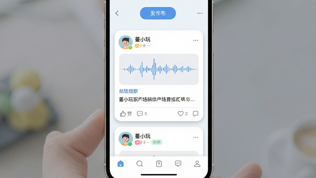 ��С�涯̬�㳡����չʾ������Ϊ�ֻ���Ļ�еĶ�̬��Ϣ��ҳ�棬�����Ϸ��Ƿ�����ť���м����û���̬��Ƭ������ͷ���ǳơ���������ͼ���������ݺ͵�������ͼ�꣬�·��ǵײ����������Ű�Ϊ���¹���ʽ�б������Ϊ����ǳɫϵUI��ϸ�ڰ���Բ�ǿ�Ƭ�������Ӱ����ɫ��ǩ�����ʸ��壬����ɾ����޶���Ԫ��