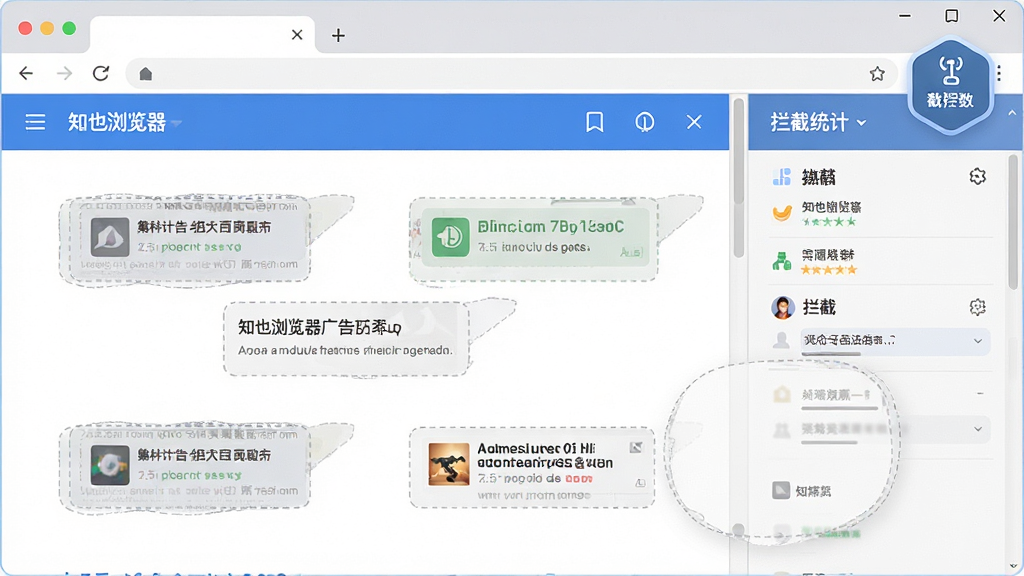 知也浏览器广告拦截功能示意,浏览器窗口内网页干净整洁,旁边显示拦截计数器图标,布局为左右分栏,左侧为浏览页面,右侧为拦截统计面板,风格为清新扁平化,细节包括被拦截的广告元素以半透明虚线框标注,画质清晰,干净,无多余元素