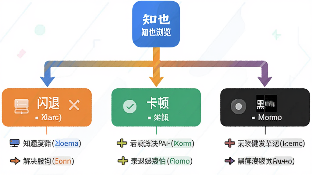 知也浏览器问题排查流程图,画面以知也浏览器图标为起点,分三条支路分别指向闪退、卡顿、黑屏三个问题框,每个框下有对应解决步骤文字,布局为树状流程图,风格为信息图表,细节包括彩色箭头与简洁图标,画质清晰,干净,无多余元素