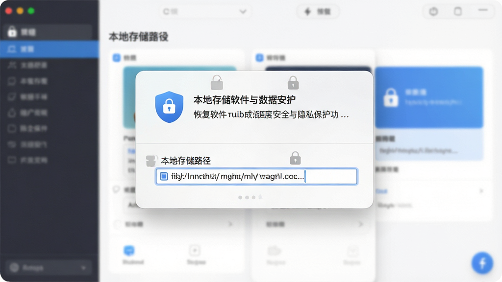 一张展示深度苹果手机恢复软件数据安全与隐私保护功能的图片,主体为软件界面中的安全提示弹窗与本地存储路径选择框,布局为中央弹窗、背景为软件主界面,排版简洁,风格为专业可靠风,细节包含盾牌图标、锁形图标、文件路径输入框,画质高清,画面干净,无多余元素