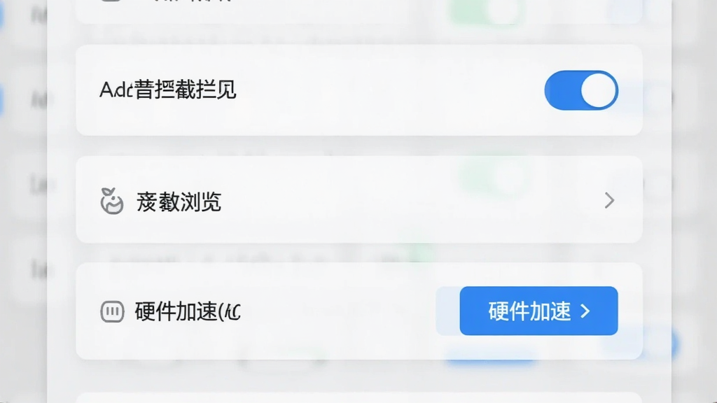一张展示手心浏览器设置界面的图片,画面中可以看到广告拦截开关、无痕浏览选项、硬件加速按钮等设置项,界面布局清晰,采用卡片式设计,风格清新浅色,画质清晰,干净无多余元素