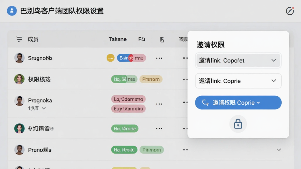 �ͱ���ͻ����Ŷ�Ȩ�����ý��棬����Ϊ��Ա�б���Ȩ�������˵��Ľ�������������Ϊ�����뵯����ϣ����Ϊ��ˬǳɫUI��ϸ�ڰ�����ͬ��ɫ��Ȩ�ޱ�ǩ���������Ӹ��ư�ť����ȫ��ͼ�꣬����Ϊ���塢�ɾ����޶���Ԫ��
