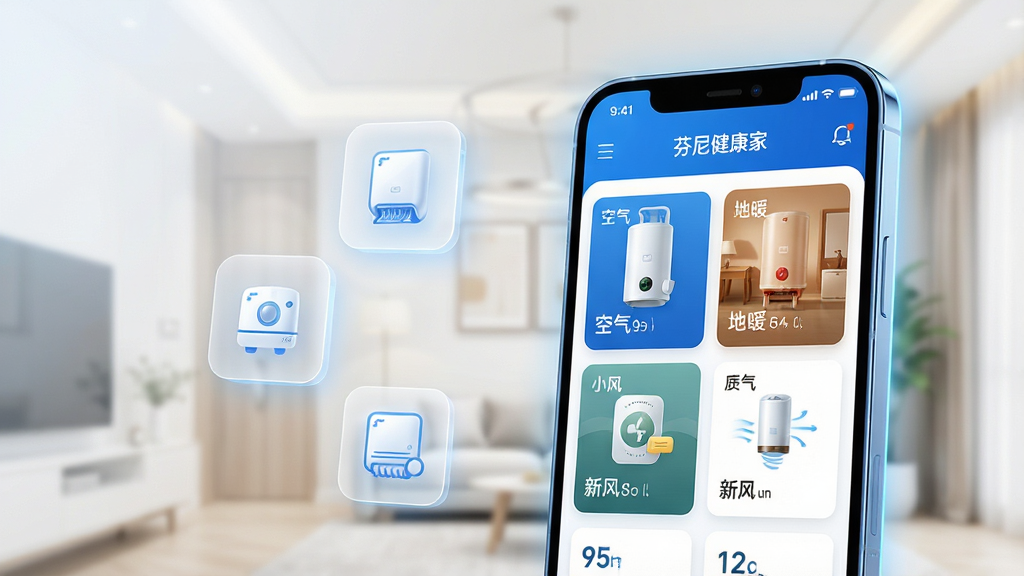 һ��չʾ���ὡ����App����ȫò�ĳ���ͼ��������һ�������ֻ�����Ļ��ʾ���ὡ����App�����棬�������п�������ˮ������ů���·���豸��Ƭ���������ֻ�λ�ڻ�������ƫ�ң����������͸���豸ͼ�ꡣ�Ű��࣬�ֻ��������������ɼ������������ὡ���ҡ����������Ϊ�ִ��Ƽ��У�������ɫ���ɾ���ˬ��ϸ�����ֻ���Ե��΢�⣬����Ϊǳɫ����Ҿӻ��������ʸ��壬�ɾ����޶���Ԫ�ء�