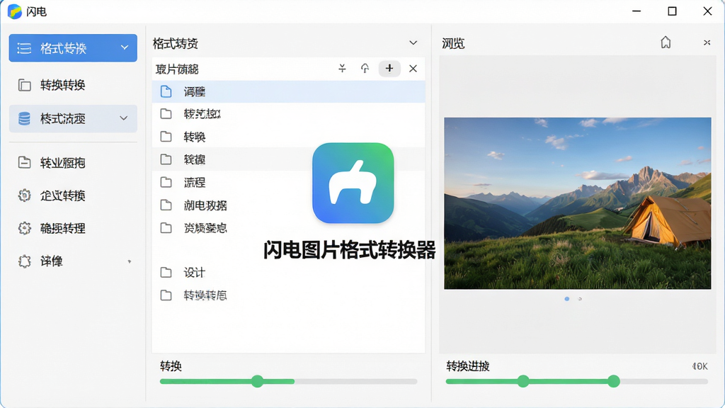 软件主界面全景展示,居中放置软件图标和名称“闪电图片格式转换器”,左侧显示格式转换功能菜单,右侧为图片预览区域,整体布局简洁清晰,风格为现代扁平化设计,细节包括功能按钮、文件列表、转换进度条,画质高清,画面干净,无多余元素