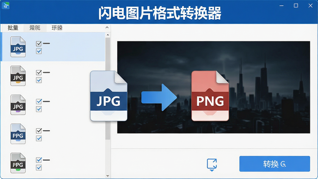 多张不同格式的图片文件在软件界面中排列整齐,中央显示转换箭头从“JPG”指向“PNG”,软件名称“闪电图片格式转换器”显示在界面顶部,布局为左侧文件列表右侧预览区,风格为科技感扁平设计,细节包含格式图标、批量勾选框、转换按钮,画质高清,画面干净,无多余元素