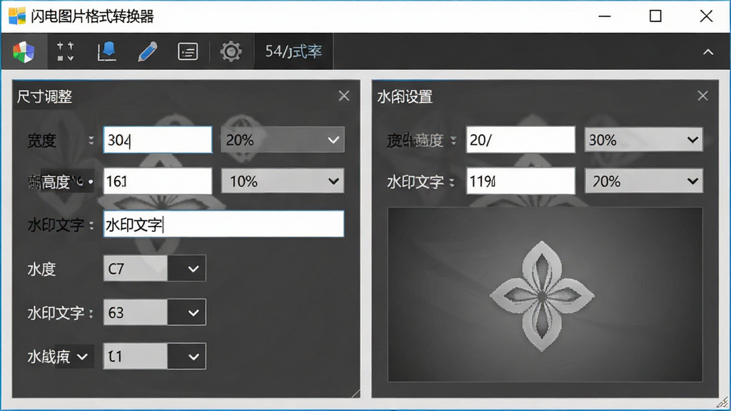 软件操作界面展示尺寸调整面板和水印设置面板,面板中显示宽度高度输入框和水印文字输入框,软件名称“闪电图片格式转换器”显示在窗口顶部,布局为上方工具栏下方参数面板,风格为简约商务设计,细节包含像素数值、百分比选项、水印预览效果,画质高清,画面干净,无多余元素