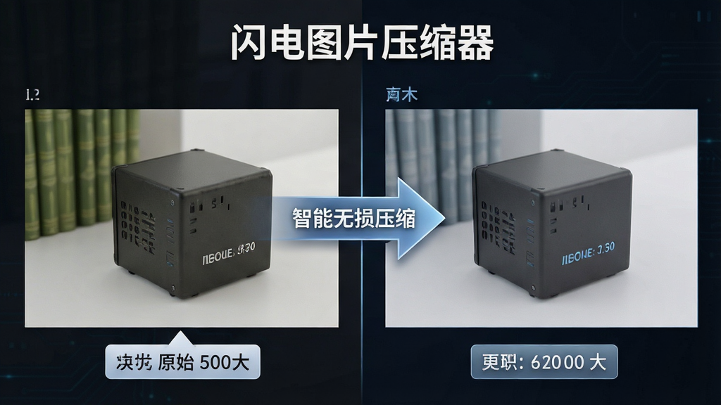 一张展示「闪电图片压缩器」智能压缩效果的对比示意图,画面主体为左右分屏,左侧显示原始图片及其文件大小标签,右侧显示压缩后图片及更小的文件大小标签,中间用箭头连接并标注“智能无损压缩”,布局为横向对比排版,风格为写实科技风格,细节包括清晰的画质纹理和体积数字变化,画质干净清晰,无多余元素。