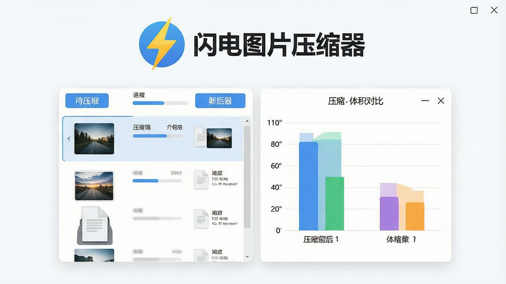 一张展示「闪电图片压缩器」软件界面的概念图,画面主体为软件主窗口,左侧是待压缩图片列表,右侧显示压缩前后体积对比条状图,窗口上方有醒目的闪电图标和软件名称文字“闪电图片压缩器”,布局采用居中对称排版,风格为现代科技感扁平化设计,细节包括清晰的按钮、进度条和文件缩略图,整体画质干净清晰,无多余元素干扰。