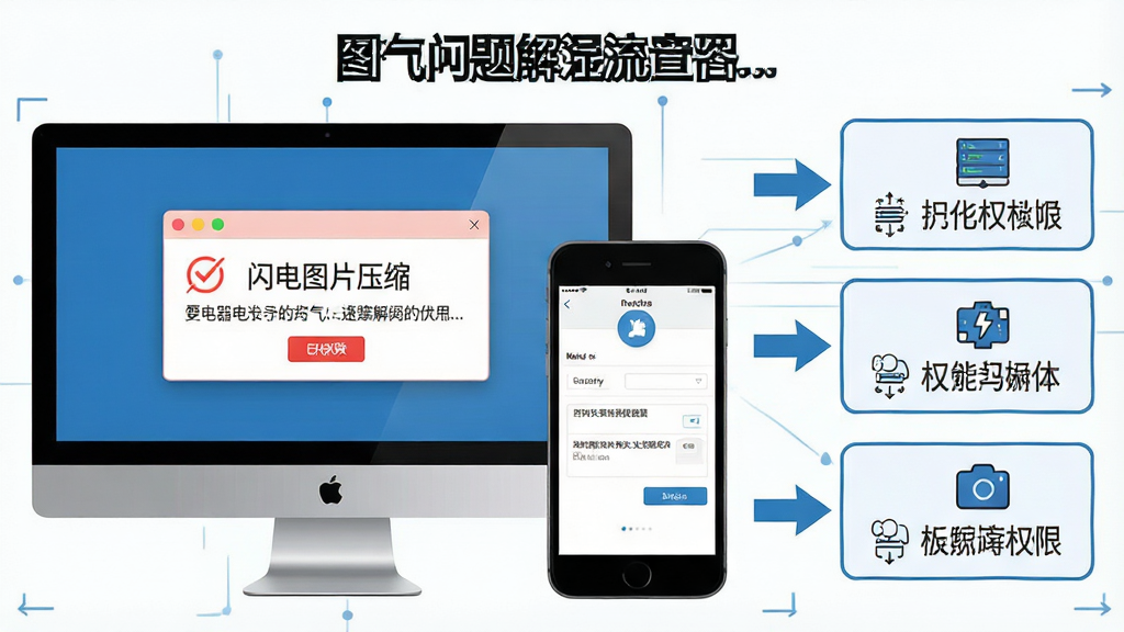 一张展示「闪电图片压缩器」问题解决流程的示意图,画面主体为电脑屏幕和手机屏幕并排显示,屏幕上分别呈现错误提示窗口和权限设置界面,旁边有箭头指向解决方案文字框,布局为左右对比排版,风格为信息图表风格,细节包括清晰的报错文字和操作步骤图标,画质干净清晰,无多余元素。
