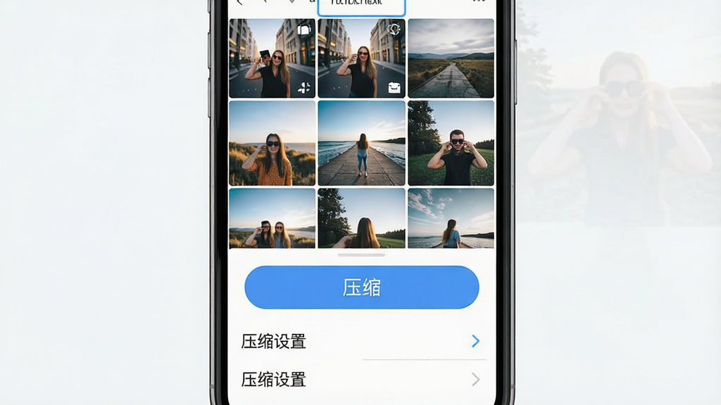 一张展示「闪电图片压缩器」移动端界面的概念图,画面主体为智能手机屏幕,屏幕内显示软件移动版界面,上方有相册图片缩略图网格,下方有“压缩”按钮和压缩设置选项,布局为竖向手机屏幕排版,风格为清新移动端设计,细节包括清晰的触控按钮和图片缩略图,画质干净清晰,无多余元素。
