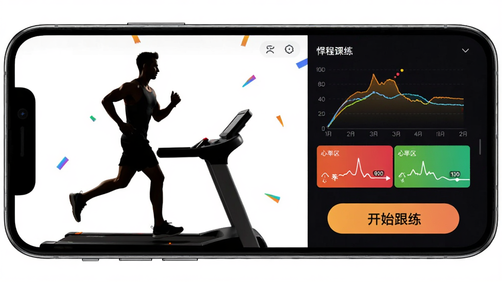 ����Ϊ����ɭ�˶�APP�γ̸������棬��������ʾ����ʾ���������ܲ����ٶ����ߣ�����Ϊ�ֻ�����չʾ�����Ϊ�γ���Ƶ�����Ҳ�Ϊʵʱ������壻�Ű�ͻ������ʼ��������ť�����Ϊ�����˶��磻ϸ�ڰ���������Ӱ���ٶ����ߡ���������ɫ�飻�����������ɾ����޶���Ԫ��