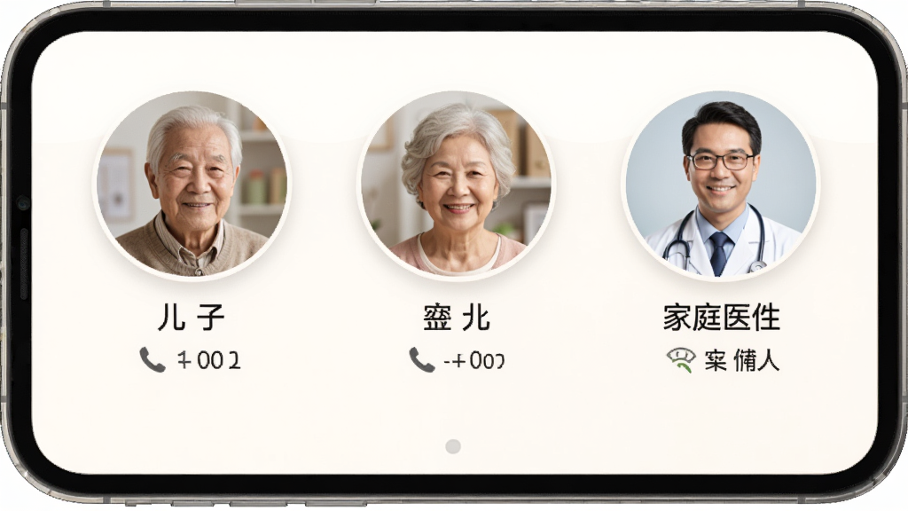 ���˼�����������ϵ�˹��ܽ��棬�ֻ���Ļ����ʾ����Բ��ͷ��ť���ֱ��ע���ӡ�Ů������ͥҽ����ͷ���·��������͵绰ͼ�꣬����󵯳����Ž��棬���岼�������������ܰ�����ʸɾ��޶���Ԫ��