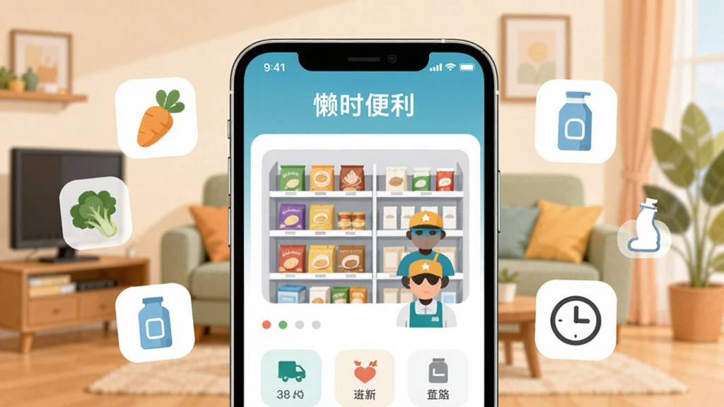 ����������һ̨�����ֻ�����Ļ��ʾ����ʱ������APP����ҳ���棬�������б�������ܺ�����Աͼ�ꡣ����Ϊ�ֻ����з����ڻ������룬��������ܰ�ļҾӿ����������Ű���þ��й�ͼ�����Ϊ�ִ���ƽ���Ƽ��廭�磬ϸ�ڰ����ֻ���Χ������ͼ�����߲ˡ�����Ʒ��ʱ�ӵȣ������������ɾ��������޶���Ԫ�ء�