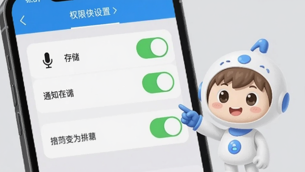 �ֻ���Ļ��ʾ������App��Ȩ�����ý��棬����˷硢�洢��֪ͨ�ȿ���ѡ��Ա���һ����ͨ����С������ָ�����������Ϊǳ��ɫ����������죬ϸ�����������ʸɾ����޶���Ԫ��