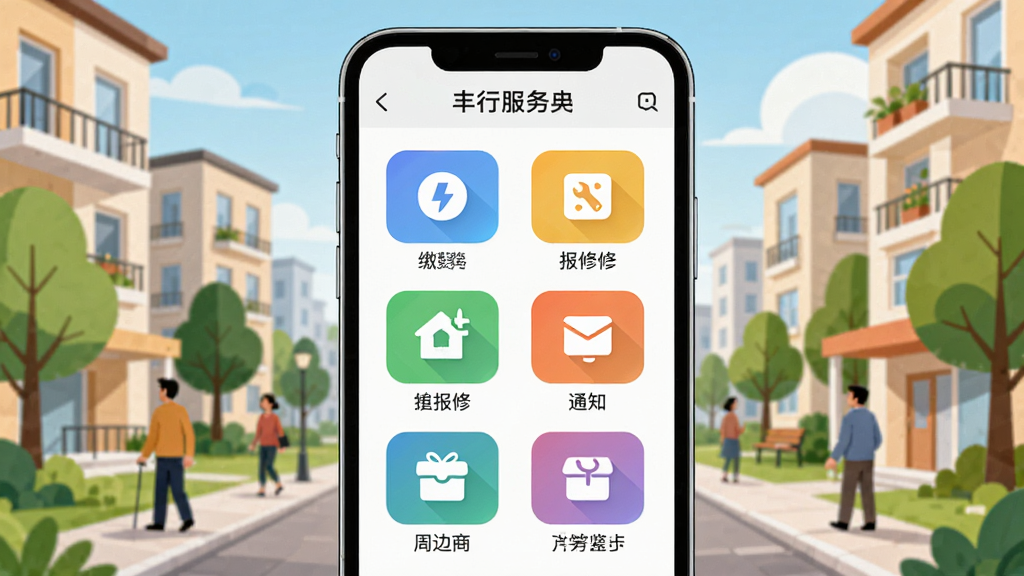 �������APP������չʾ������������һ�������ֻ�����Ļ��ʾ��������Ӧ����ҳ�������ɷѡ����ޡ�֪ͨ���ܱ��̻��Ȳ�ɫ����ͼ�꣬����Ϊ��ܰ���ִ�������������¥�������������ˣ����岼�����������ñ�ƽ���廭���ϸ�ڷḻ��ɫ�����죬���廭�ʣ�����ɾ����޶���Ԫ�ء�