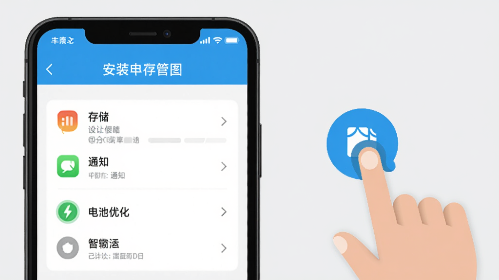 �������APP��װ���ý���ʾ��ͼ���ֻ���Ļ��ʾȨ�޹���ҳ�棬�����洢��֪ͨ������Ż���ѡ��Ա�����ָ���ͼ�꣬����Ϊǳ��ɫ����ƽ����񣬲���������ϸ����ȷ�����廭�ʣ�����ɾ����޶���Ԫ�ء�