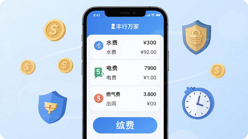 �������APP�ɷѹ��ܽ��棬�����������ֻ���Ļ��д����ʾˮ�ѡ���ѡ�ȼ���ѵ��˵��б���ɷѰ�ť����Χ���ƽ�ҡ����ơ�ʱ�ӵ�ͼ��������ȫ���ݣ�����Ϊ����ɫ���䣬���ñ�ƽ����Ʒ�񣬲������࣬ϸ�����������廭�ʣ�����ɾ����޶���Ԫ�ء�