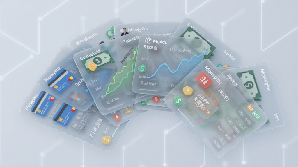 MoneyWiz 多账户管理界面概念图,主体为悬浮在半空中的多个半透明卡片式账户面板,布局呈扇形展开,排版错落有致,风格科技感与金融感结合,细节包含银行卡图标、现金符号、投资曲线、负债标签,画质高清干净无多余元素