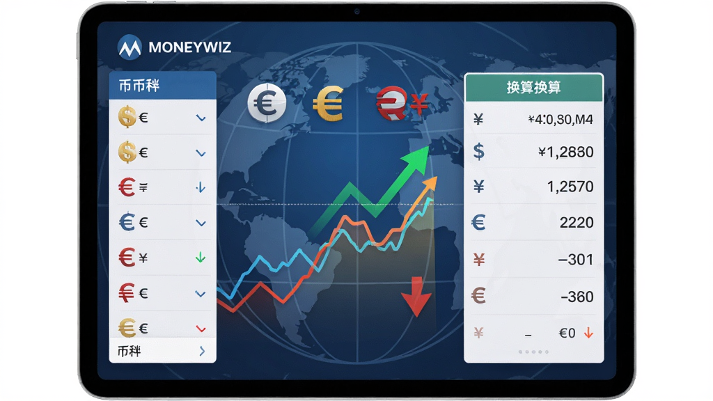 MoneyWiz 多币种汇率换算界面示意图,主体为平板电脑屏幕显示多国货币符号与汇率折线图,布局左侧为币种列表右侧为换算结果面板,排版清晰,风格国际化金融风,细节包含美元欧元日元人民币符号、上升下降箭头、地球经纬线背景,画质高清干净无多余元素