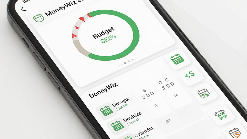 MoneyWiz 预算与账单提醒功能展示图,主体为手机屏幕显示预算进度环与账单日历提醒列表,布局上方为环形预算图下方为账单条目,排版整齐,风格清新简约,细节包含红色预警标记、绿色安全标记、日历图标,画质高清干净无多余元素