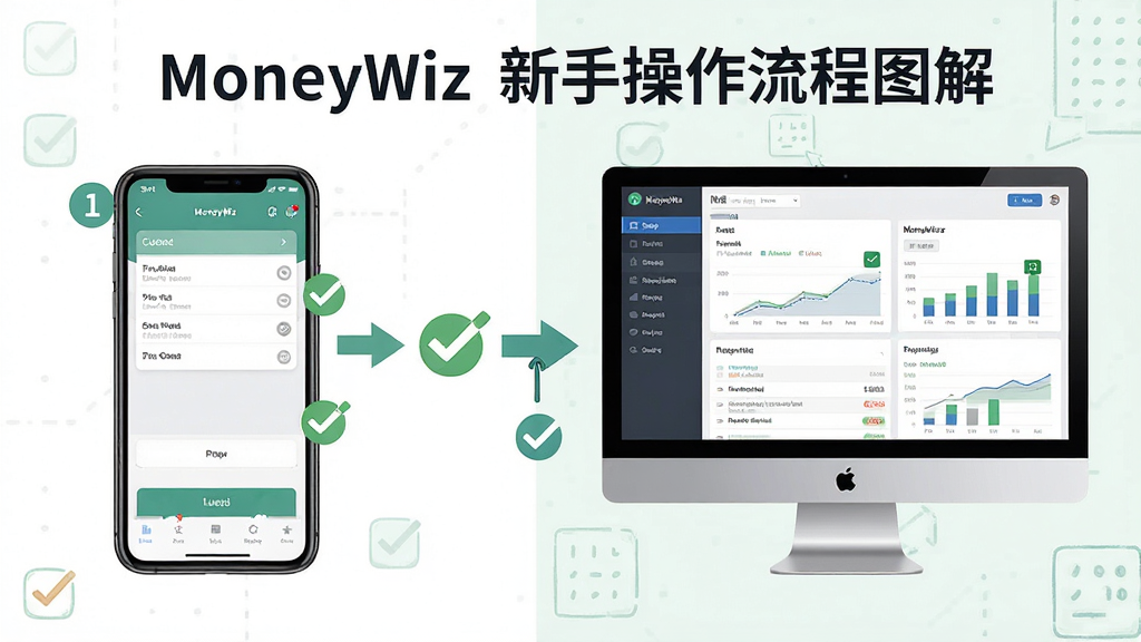 MoneyWiz 新手操作流程图解,主体为手机与电脑双设备并排展示记账操作步骤,布局左侧手机显示记账界面右侧电脑显示报表界面,排版左右对比,风格教程图解风,细节包含数字序号标注、箭头指引、勾选标记,画质高清干净无多余元素