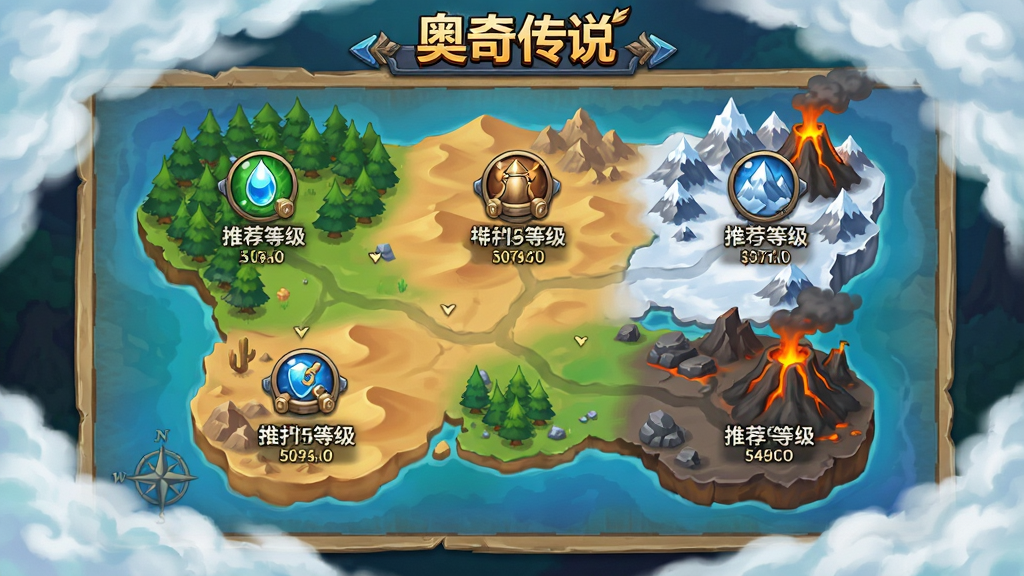 奥奇传说冒险地图界面,画面展示一张奇幻大陆地图,地图上有森林、沙漠、雪山、火山等多个区域图标,每个区域标注名称与推荐等级,地图边缘有云雾效果,顶部有“奥奇传说”标题,整体风格为游戏世界地图UI设计,色彩丰富,图标清晰,画质高清,画面干净