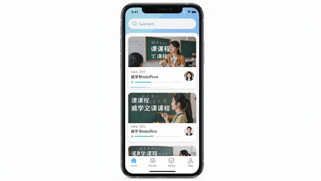 ��ѧ�����ֻ�APP������չʾ������Ϊһ�������ֻ���Ļ����Ļ����ʾ��ѧ����APP�Ŀγ��б�ҳ�棬����Ϊ�������������в��γ̿�Ƭ�������С��ײ������˵����Ű��������򣬷��Ϊ�ִ���Լ������Ӧ�ý��棬ϸ�ڰ����γ�����ͼ������������ʦͷ�񣬻��ʸ��壬�ɾ����޶���Ԫ��