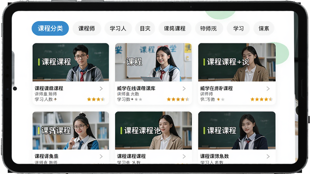 ��ѧ���߿γ���Դ����棬����Ϊ�ֻ���ƽ����Ļ����Ļ��չʾ����γ̷����ǩ��γ̷������񣬲���Ϊ����������ർ�����·����пγ̿�Ƭ���Ű����������Ϊ���½�����APP���棬ϸ�ڰ����γ����ơ���ʦ������ѧϰ�����������Ǽ������ʸ��壬�ɾ����޶���Ԫ��