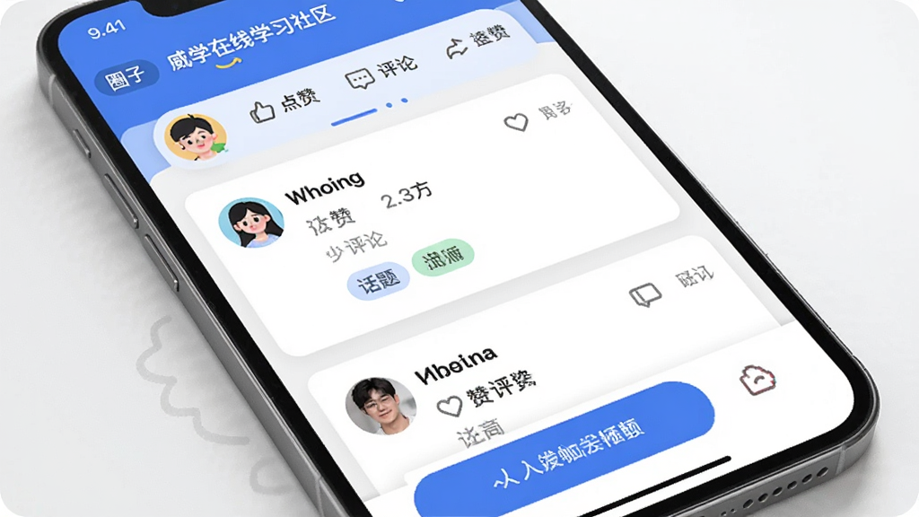 ��ѧ����ѧϰ�������棬����Ϊ�ֻ���Ļ����Ļ��չʾ������Ϣ���뻥����ť������Ϊ����Ȧ�ӱ�ǩ���в��û���̬��Ƭ���ײ�������ڣ��Ű���ã����Ϊ�罻�ͽ���APP���棬ϸ�ڰ����û�ͷ�񡢵����������������ǩ�����ʸ��壬�ɾ����޶���Ԫ��