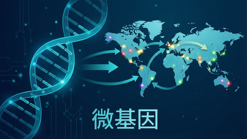 һ����΢������Դ����Ϊ����ĿƼ��廭�����������һ��DNA˫�����ṹ���Ҳ���һ�������ͼ����ͼ���Բ�ɫ����ע��ͬ��Ⱥ�ķֲ������м��м�ͷ���ӱ�ʾǨ��·���������·���ʾ��΢�������֣����������������ɫ�Ƽ���ɫ������������������ִ������ʸ��壬�޶���Ԫ��