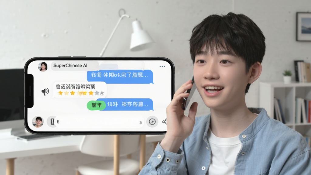 һ��չʾSuperChinese AI�Ի����ܵ���ͼ��������һ���ֻ�������ʾAI�Ի����棬��Ļ�������ĶԻ����ݺͷ������ֱ�ʶ���Ա���һλ΢Ц������ѧϰ�����ڶ����ֻ�˵��������Ϊ�ִ���Լ����ѧϰ�ռ䣬���ʸɾ��������޶���Ԫ��