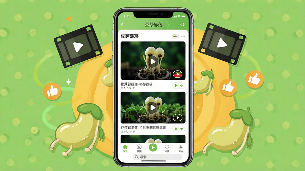 一张展示豆芽部落应用主界面的预览图,画面中央为手机屏幕,屏幕内显示豆芽部落的短剧推荐页面,包含多个视频封面与播放按钮,周围环绕着豆芽、视频胶卷、点赞图标等装饰元素,整体布局居中,风格清新活泼,色彩以嫩绿与暖黄为主,细节包括底部导航栏与搜索入口,画质清晰,干净无多余元素。