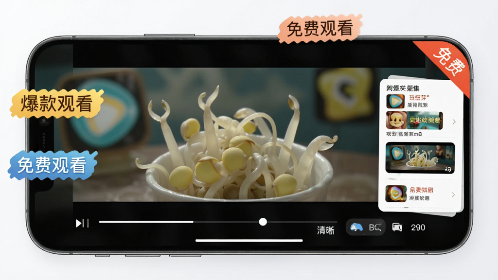 豆芽部落应用内短剧播放界面截图,手机横屏显示正在播放的短剧画面,屏幕下方有进度条与清晰度选项,周围漂浮着爆款短剧标签、免费观看角标、剧集列表卡片,整体风格明亮现代,主体突出,画质细腻,干净无多余元素。