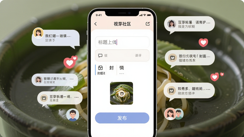 豆芽部落社区发布页面示意图,手机屏幕内展示视频上传界面,包含标题输入框、话题标签、封面选择及发布按钮,四周点缀评论气泡、爱心点赞图标与用户头像,布局清晰,风格社交化,色彩柔和,画质清晰,干净无多余元素。