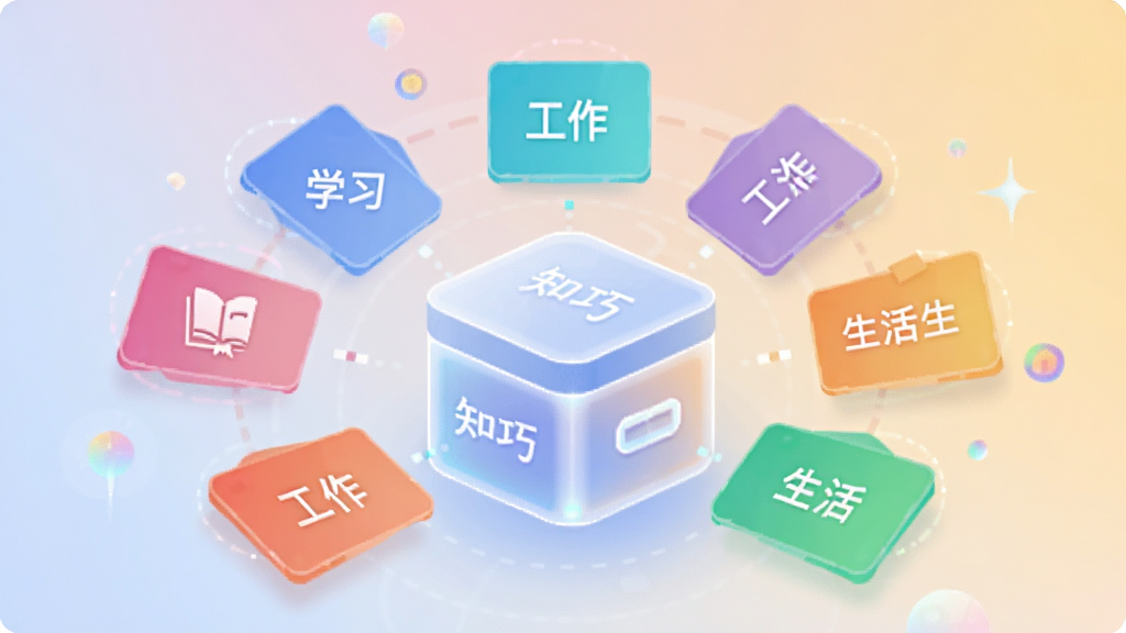 画面主体为一个发光的智能分类盒子,盒子周围漂浮着不同颜色的知识卡片,卡片上分别写有“学习”“工作”“生活”等字样,布局呈放射状,风格为科技感扁平插画,细节包括柔和光晕和渐变背景,画质清晰干净,无多余元素,图片中文字标注“知巧”